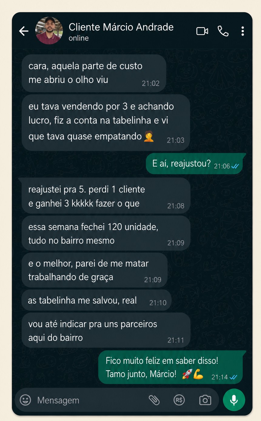 Print de conversa no WhatsApp com a cliente Márcio elogiando o material de geladinho gourmet