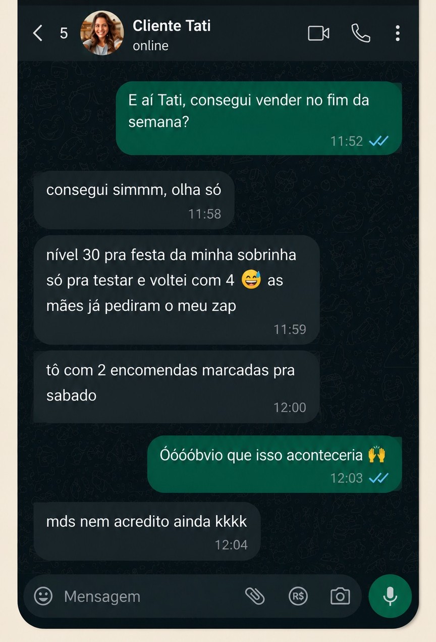 Print de conversa no WhatsApp com a cliente Tati elogiando o material de geladinho gourmet
