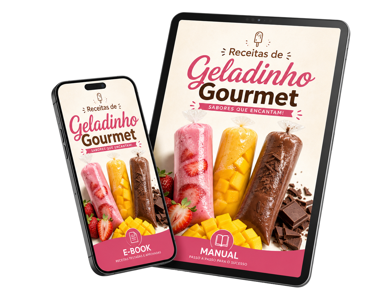 E-book de receitas de Geladinho Gourmet exibido em celular e tablet